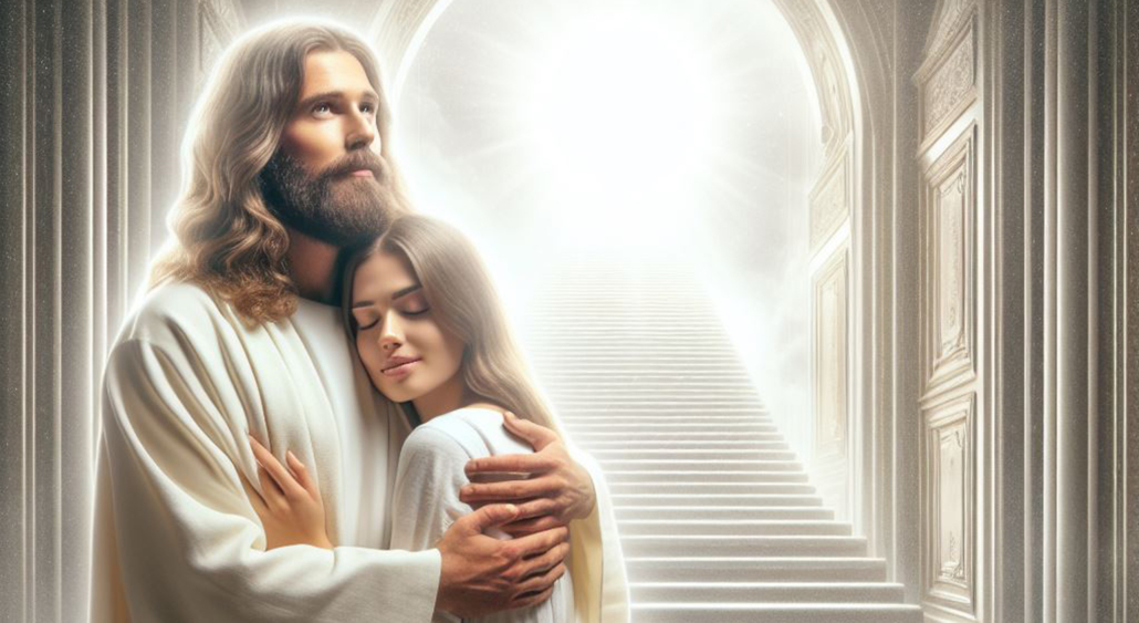 Jesus Christus hält eine Frau in seinen Armen und gibt ihr Schutz und Geborgenheit. Beide stehen vor einer Treppe, welche ins Licht führt. Das Titelbild der Webseite von Andrea inEssenz